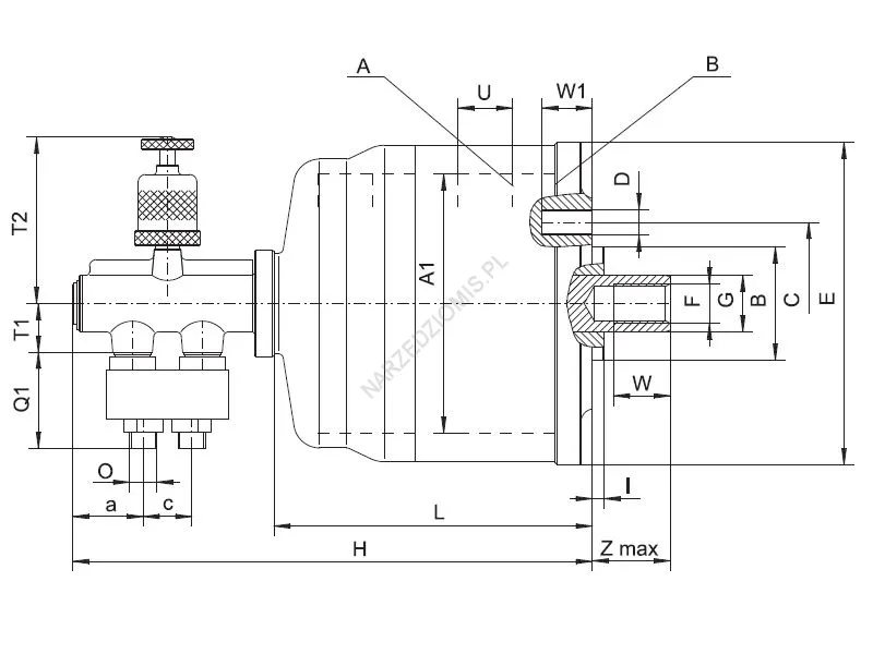 Rysunek techniczny: Cylinder pneumatyczny bez przelotu, 2 tłokowy T.1208 160 - BISON-BIAL